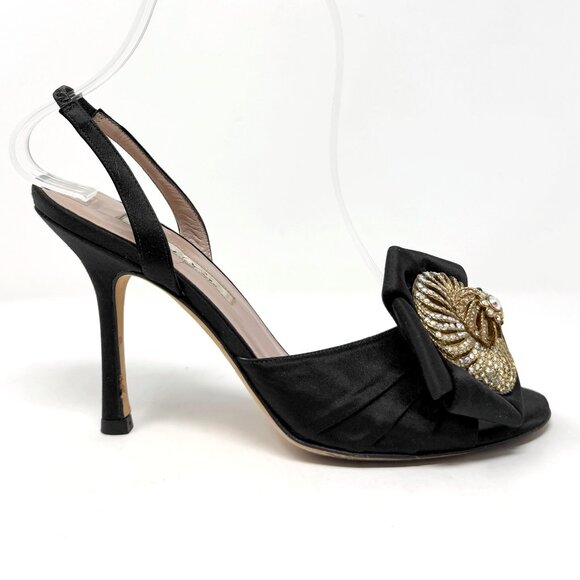 Oscar de la Renta Black Satin Crystal Bow Slingback Heels 36.5 - Picture 4 of 8